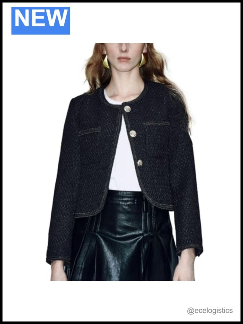 Cropped Tweed Blazer Jacket Gold Button Pockets Slim Fit Work Office Business